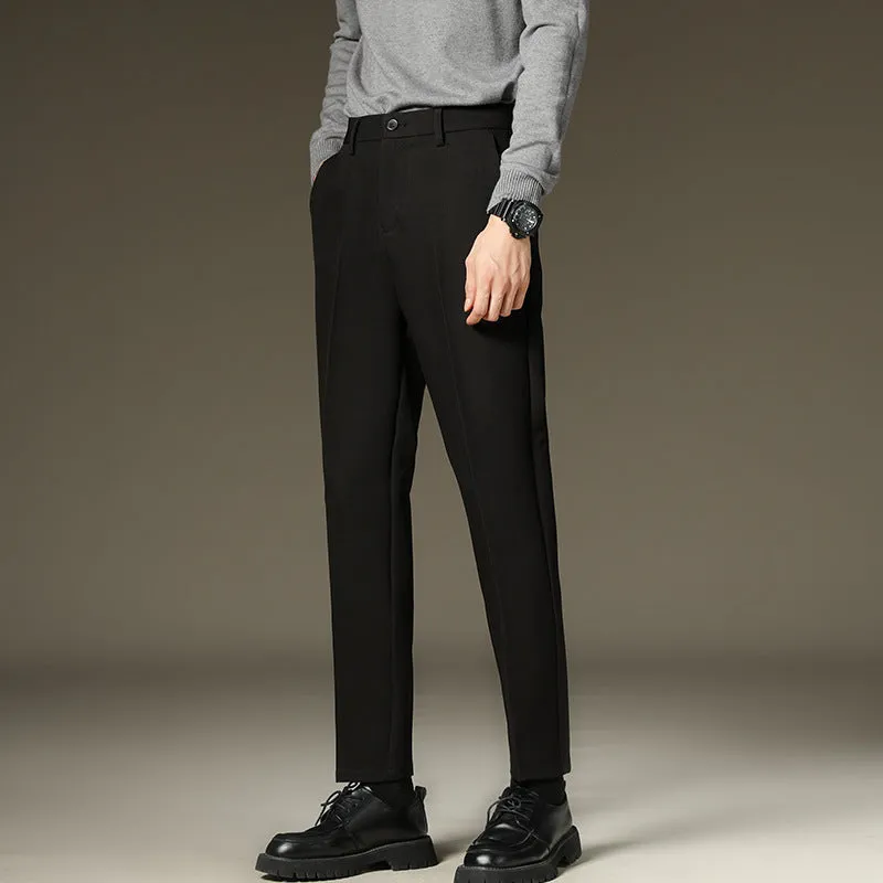 Men's black straight-leg fleece padded suit pants with wool lining, zipper fly, and mid-waist fit