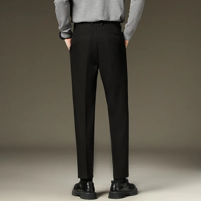 Men's black straight-leg fleece padded suit pants with wool lining, zipper fly, and mid-waist fit