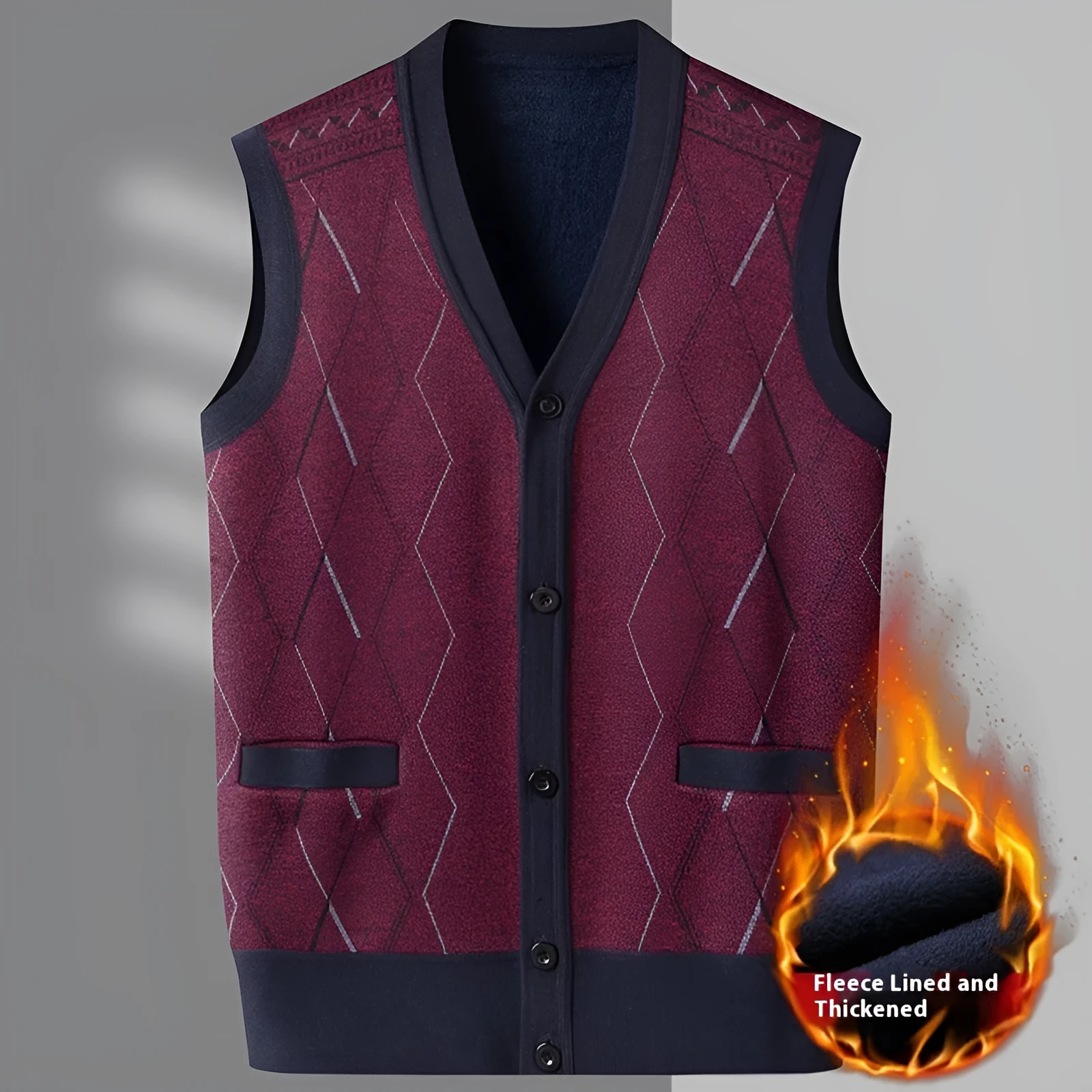 Men's fleece lined V-neck sweater vest in M06 wine red – loose fit straight hem polyester knit waistcoat for winter daily wear