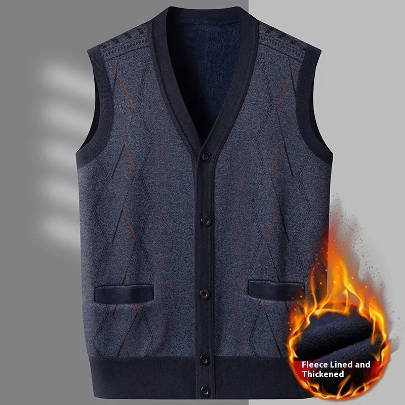 Men's fleece lined V-neck sweater vest in M06 wine red – loose fit straight hem polyester knit waistcoat for winter daily wear