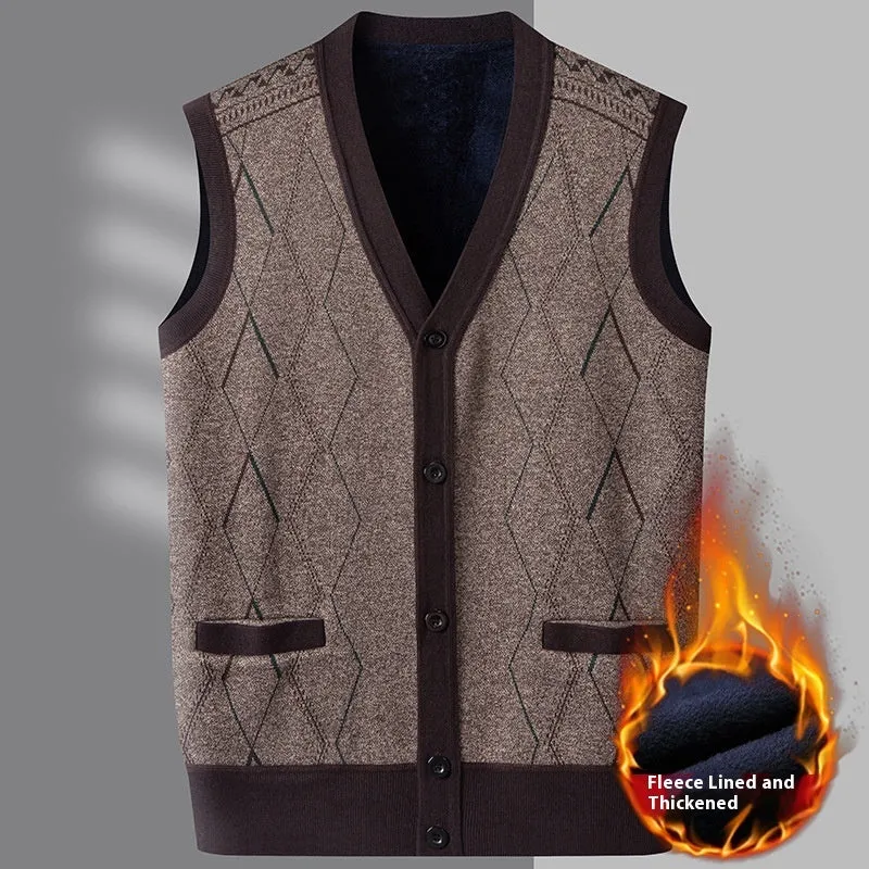 Men's fleece lined V-neck sweater vest in M06 wine red – loose fit straight hem polyester knit waistcoat for winter daily wear