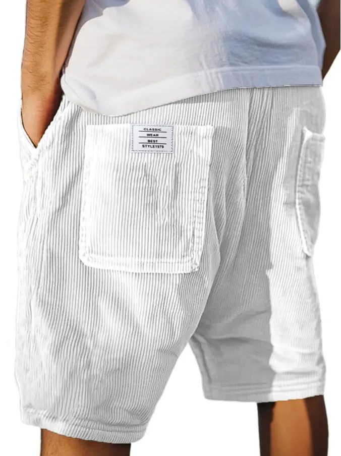 Men's straight cut multi-pocket corduroy shorts in grey shown on a hanger.