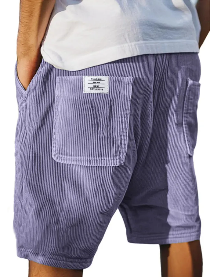 Men's straight cut multi-pocket corduroy shorts in grey shown on a hanger.