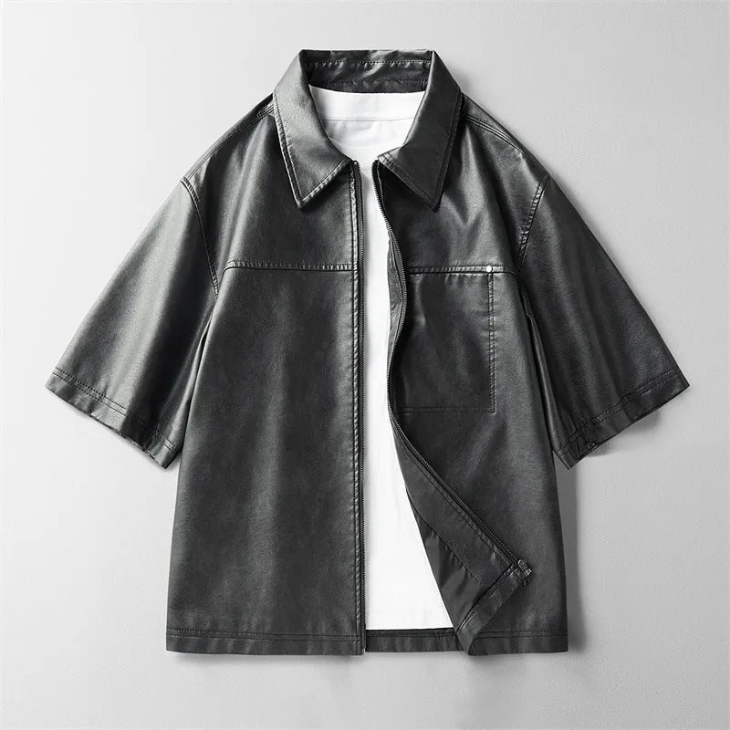 High street faux leather short sleeve jacket for women with princess sleeves, available in black coffee khaki, sizes M to 4XL