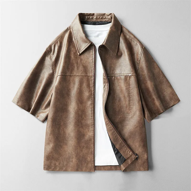 High street faux leather short sleeve jacket for women with princess sleeves, available in black coffee khaki, sizes M to 4XL