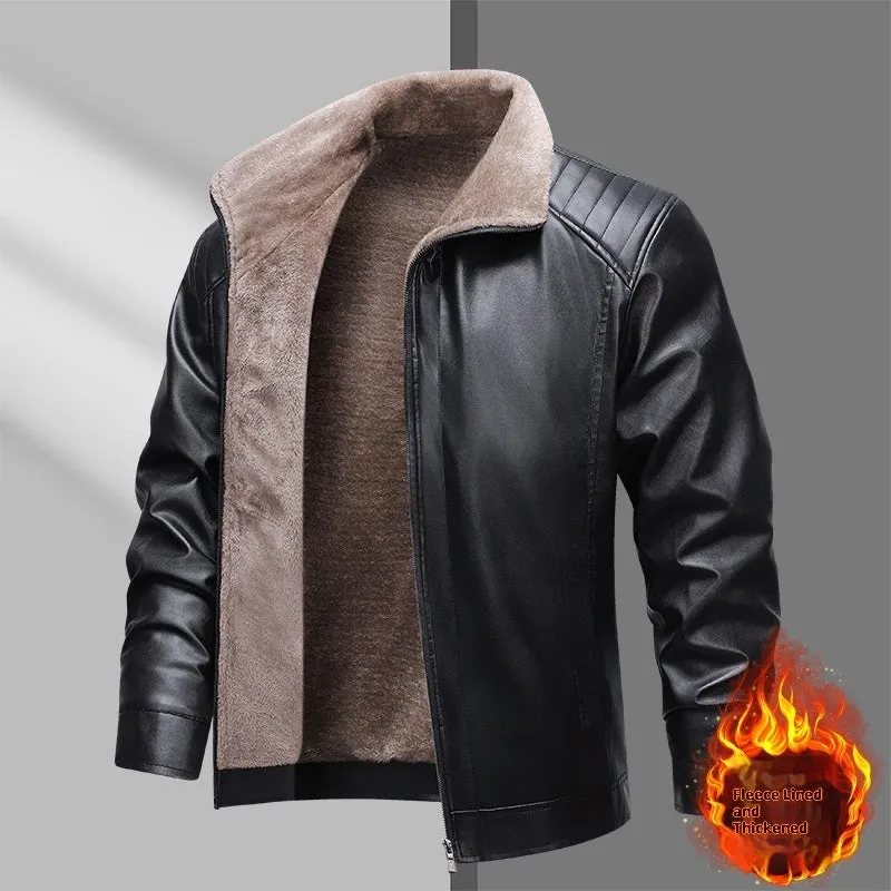 Fleece-lined thickened PU leather men's jacket in black, with polyester fibre lining, normal length 50cm