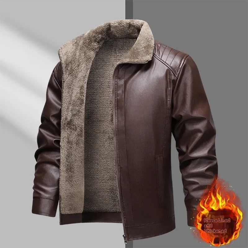 Fleece-lined thickened PU leather men's jacket in black, with polyester fibre lining, normal length 50cm