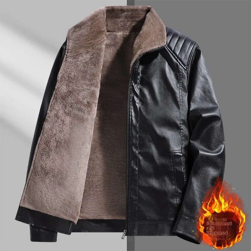 Fleece-lined thickened PU leather men's jacket in black, with polyester fibre lining, normal length 50cm