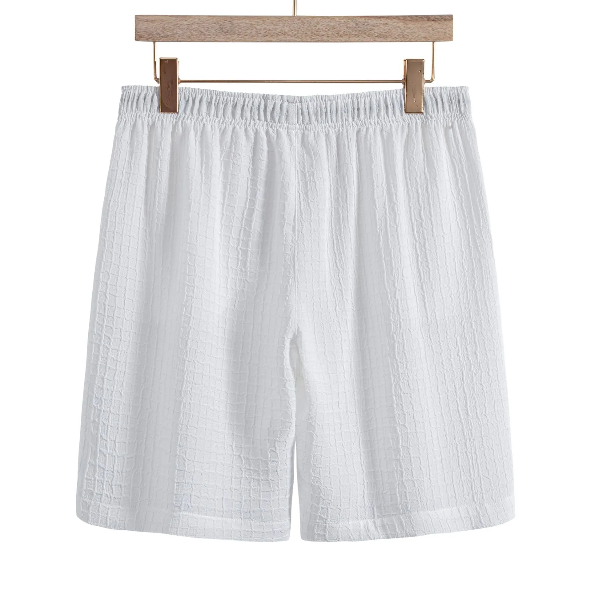 Men's white jacquard short sleeve shirt and shorts casual suit set laid flat