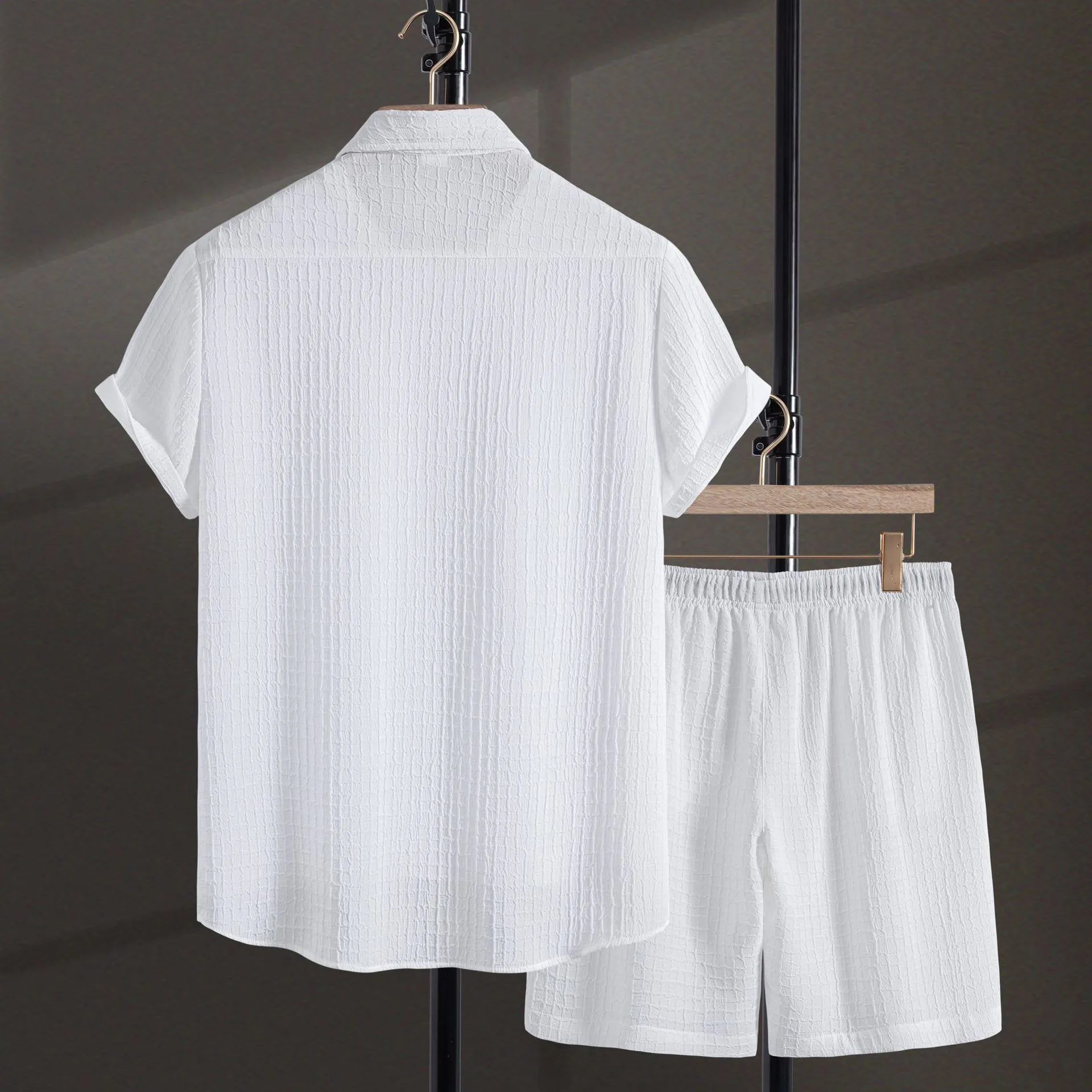 Men's white jacquard short sleeve shirt and shorts casual suit set laid flat