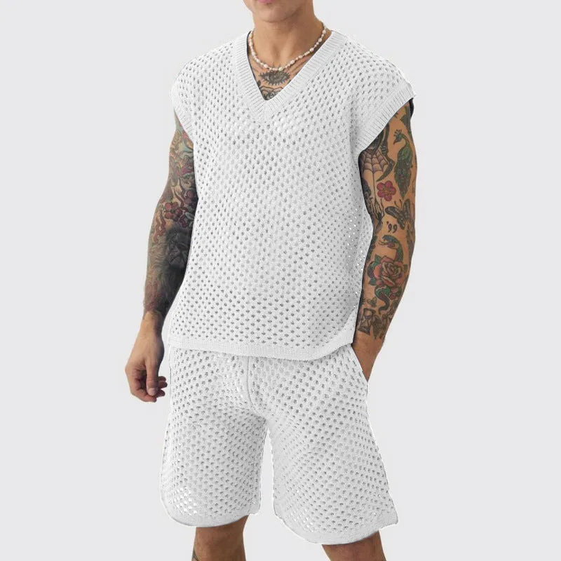 Men's blue V-neck sleeveless vest with matching shorts sports outfit
