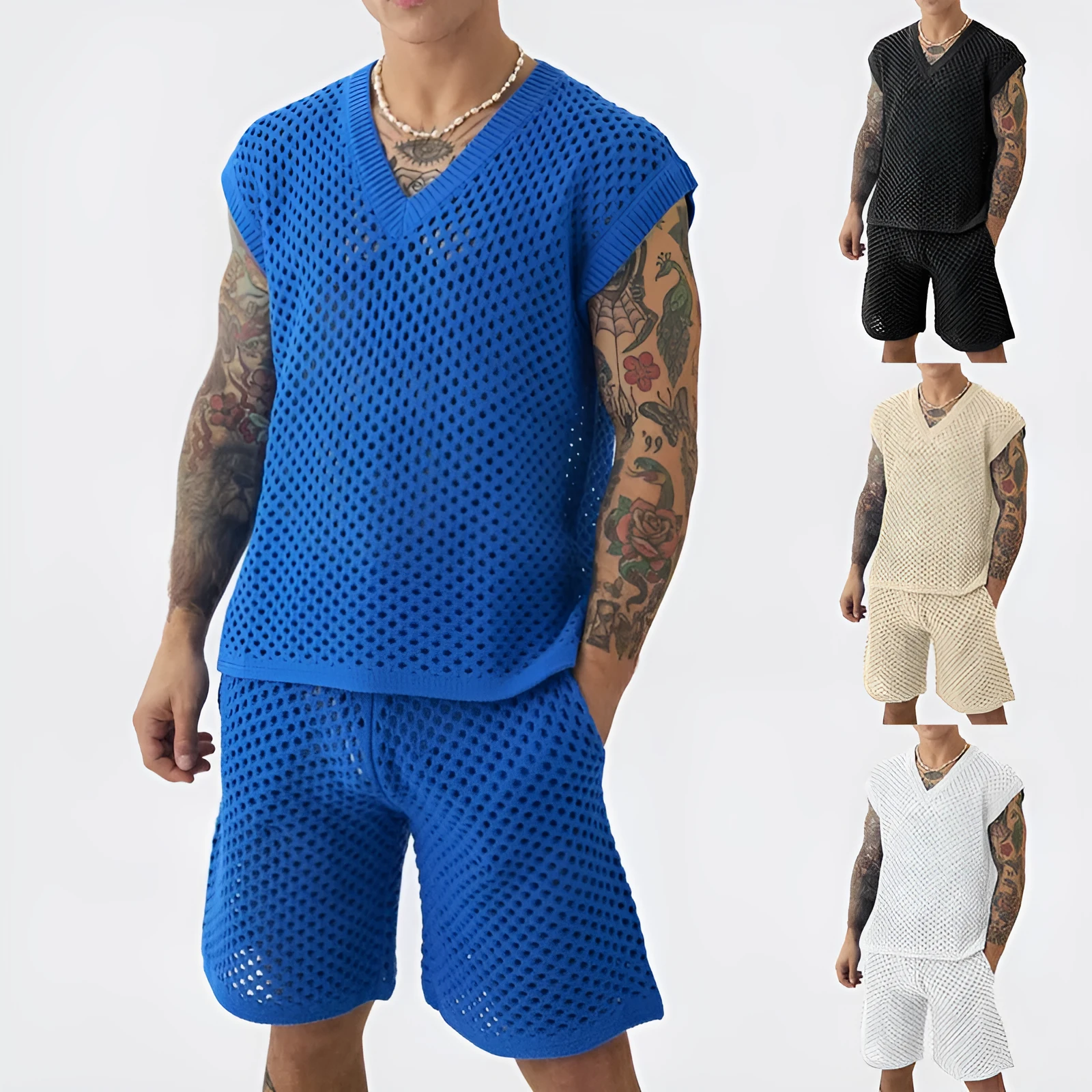 Men's blue V-neck sleeveless vest with matching shorts sports outfit