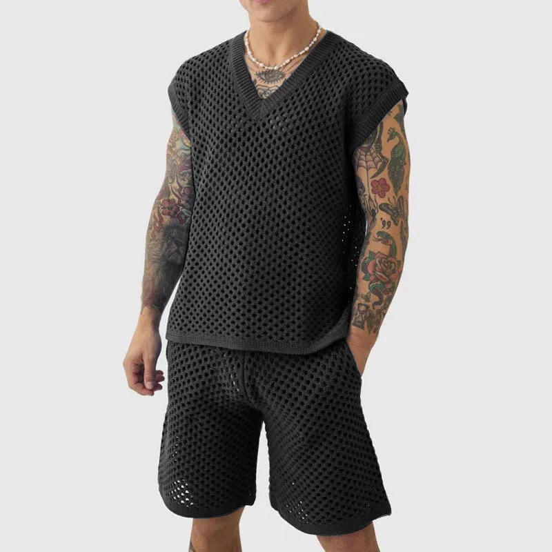 Men's blue V-neck sleeveless vest with matching shorts sports outfit