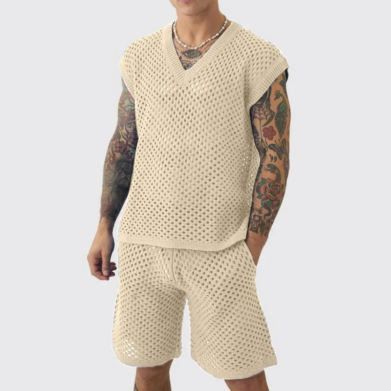 Men's blue V-neck sleeveless vest with matching shorts sports outfit