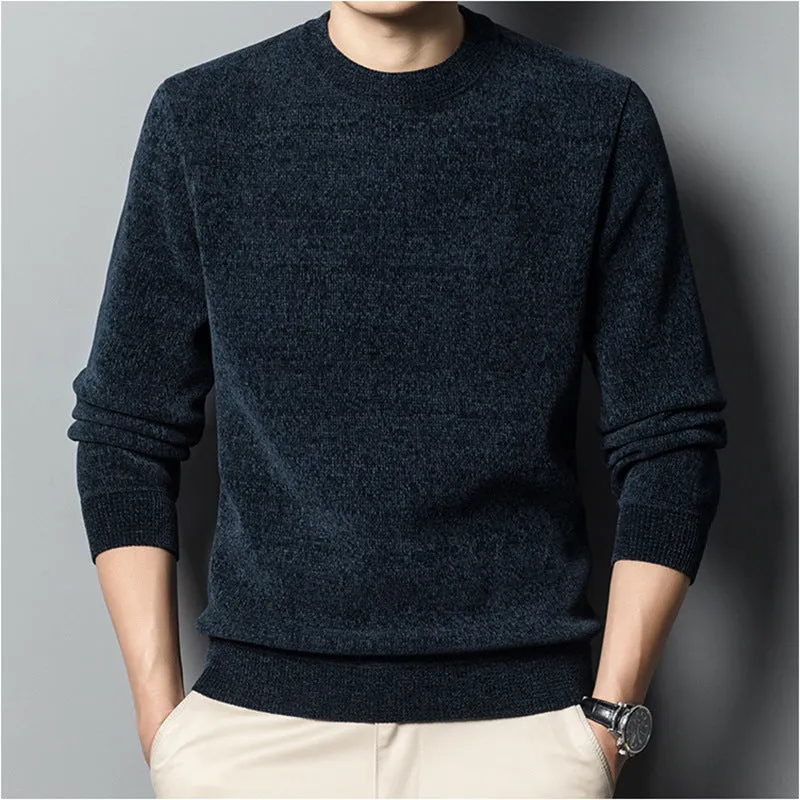 Fleece-lined pure colour men's sweater in dark blue, Korean-style slim fit pullover