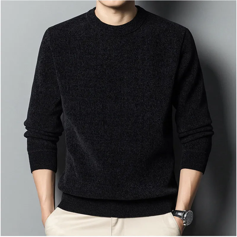 Fleece-lined pure colour men's sweater in dark blue, Korean-style slim fit pullover