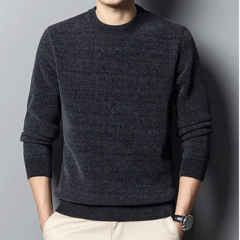 Fleece-lined pure colour men's sweater in dark blue, Korean-style slim fit pullover