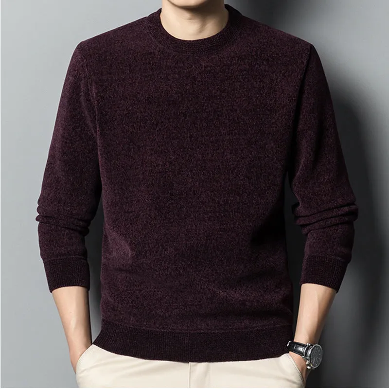 Fleece-lined pure colour men's sweater in dark blue, Korean-style slim fit pullover