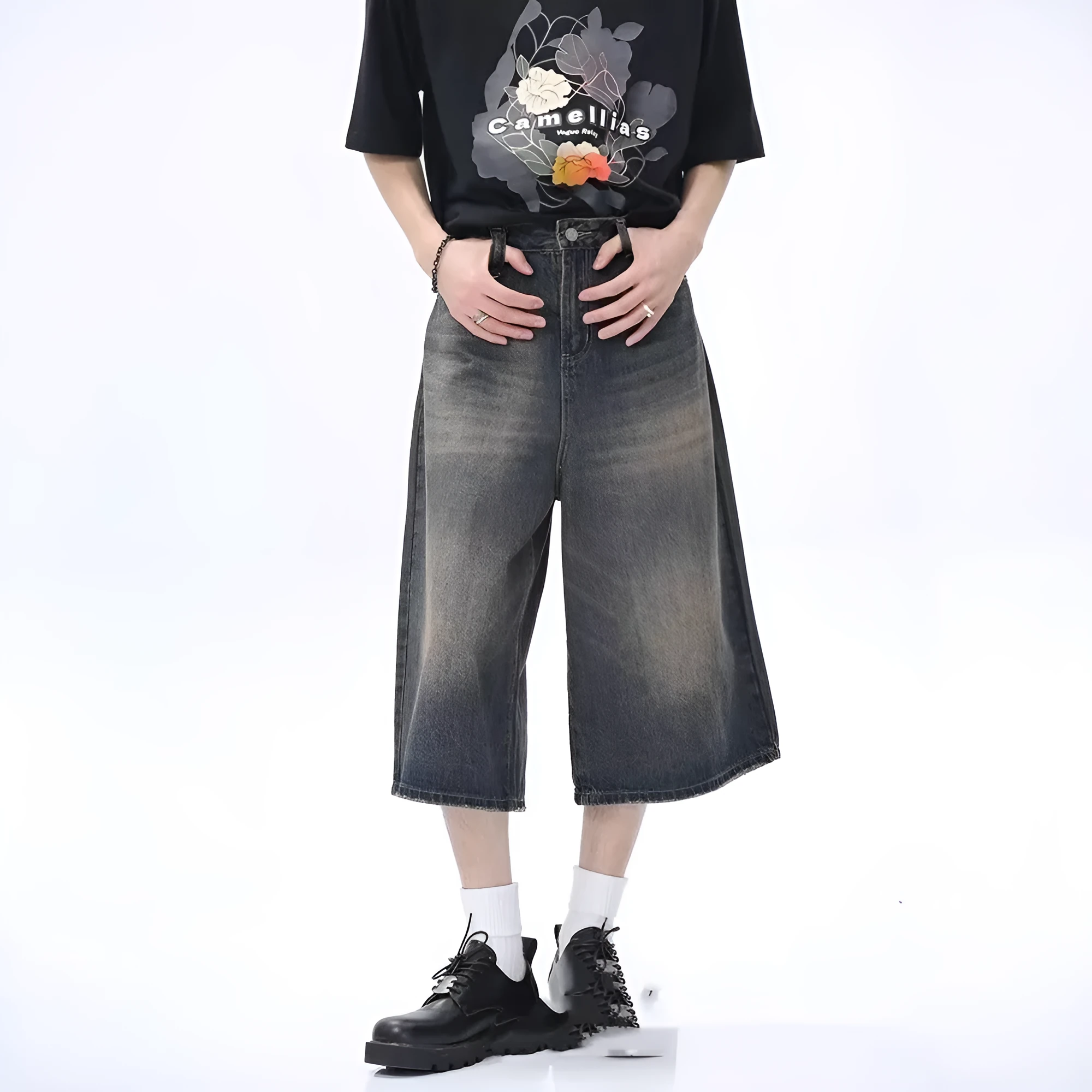 Men's distressed straight-leg denim middle pants in retro blue, mid waist, cotton with micro stretch