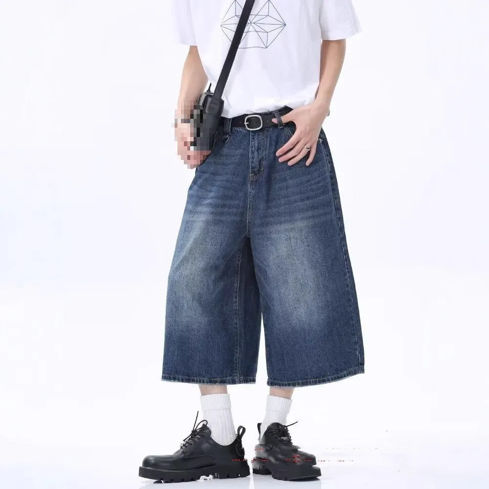 Men's distressed straight-leg denim middle pants in retro blue, mid waist, cotton with micro stretch