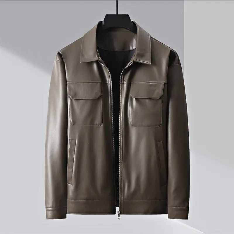 Men's lapel business casual jacket in black artificial leather, loose fit, 50cm length