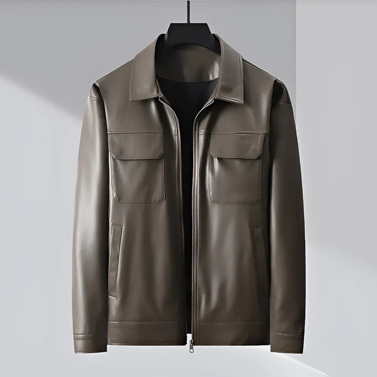 Men's lapel business casual jacket in black artificial leather, loose fit, 50cm length