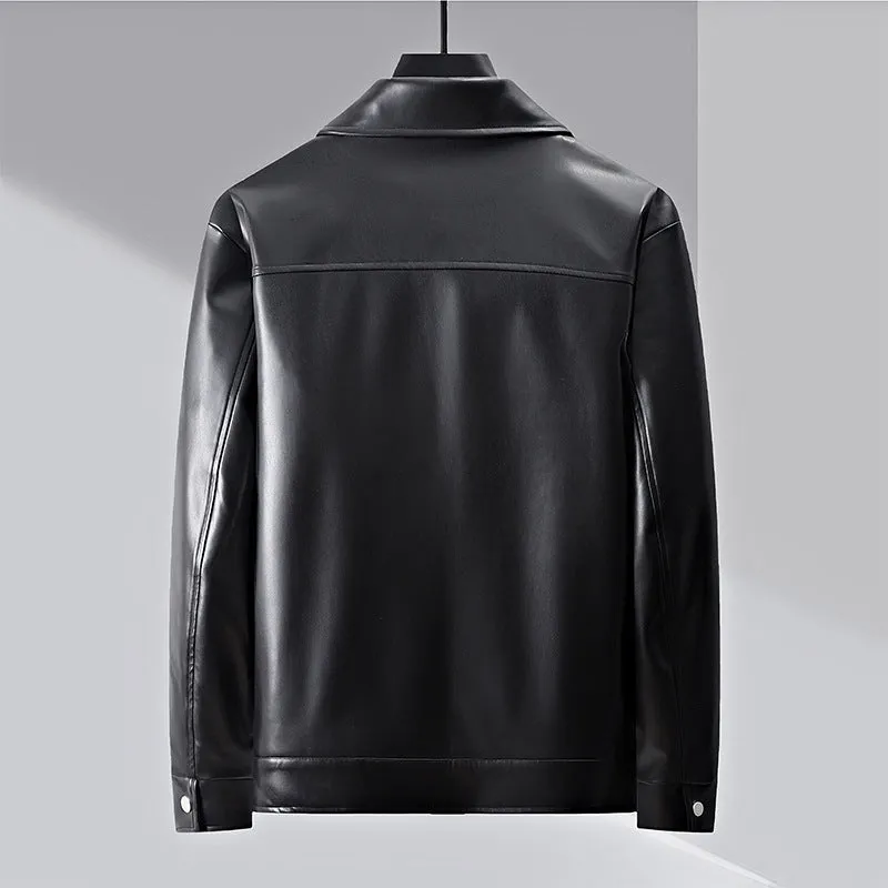Men's lapel business casual jacket in black artificial leather, loose fit, 50cm length