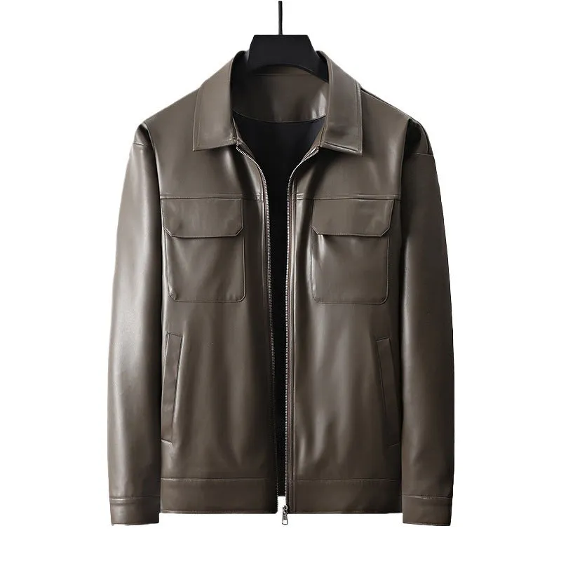 Men's lapel business casual jacket in black artificial leather, loose fit, 50cm length