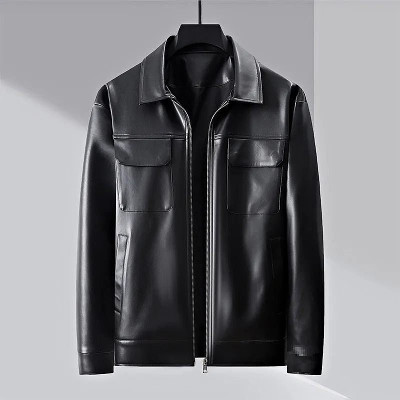 Men's lapel business casual jacket in black artificial leather, loose fit, 50cm length