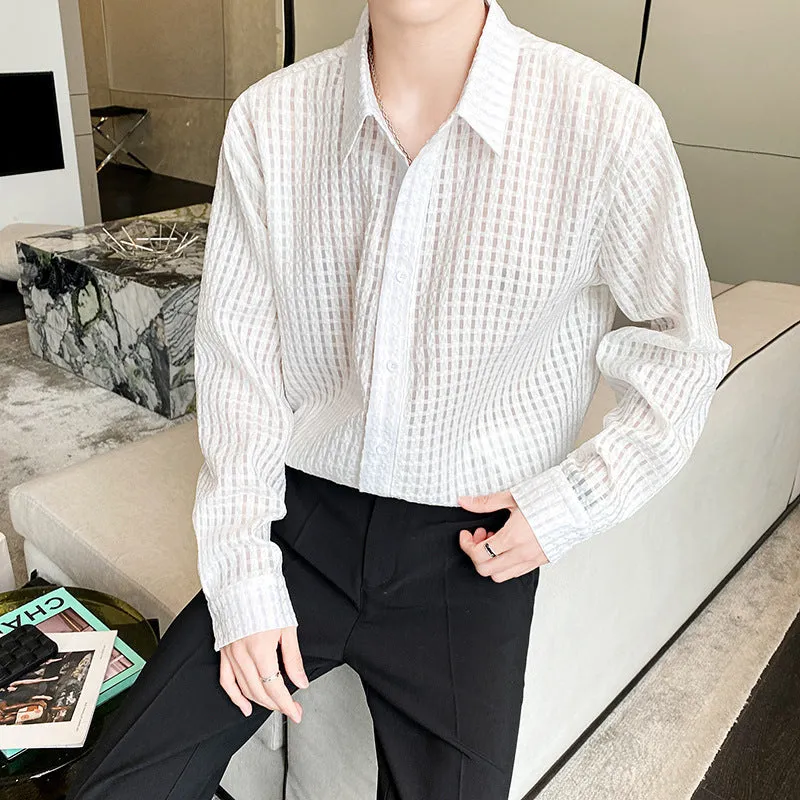 Loose draping inner white plaid shirt, chemical fibre blend, cardigan style, for teenagers