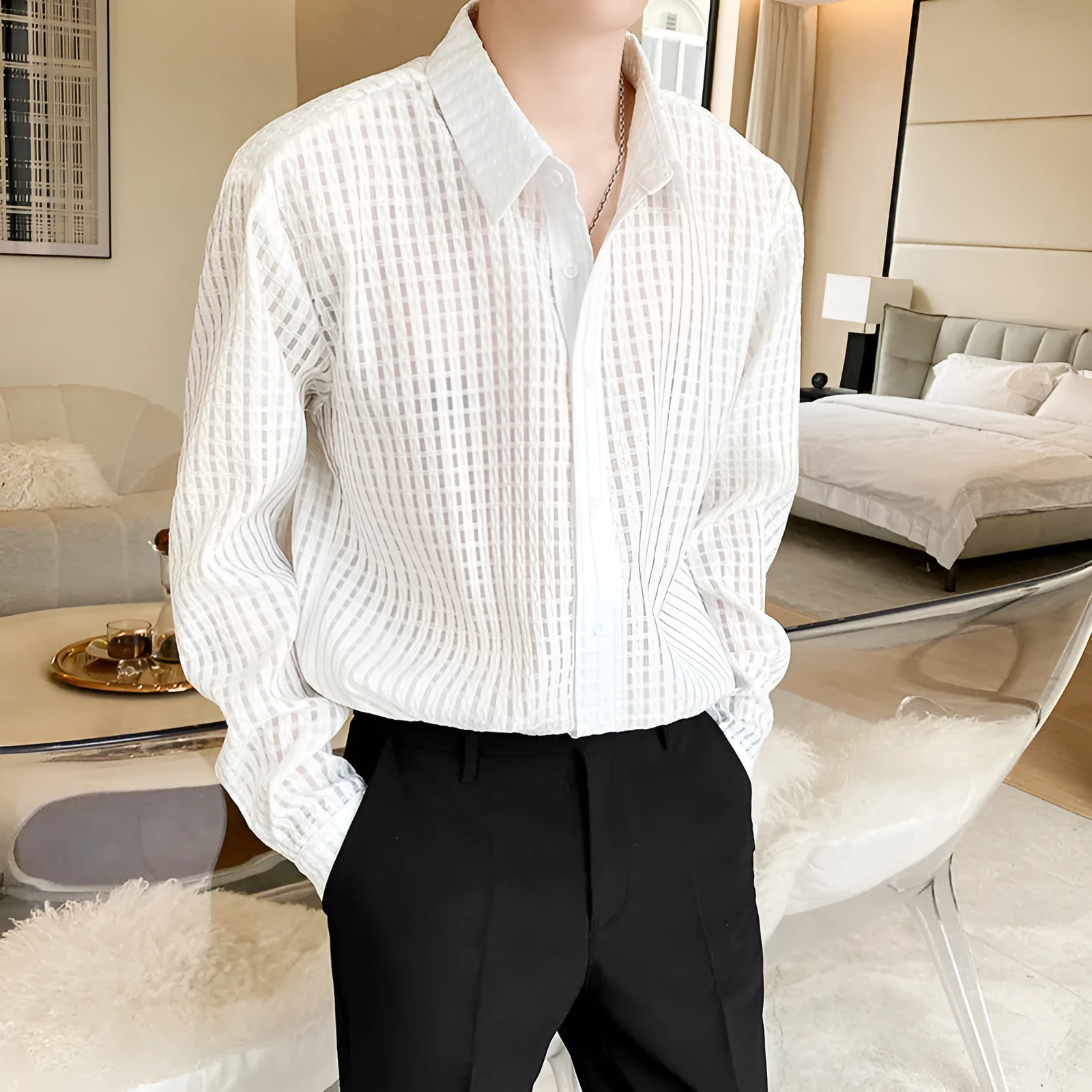Loose draping inner white plaid shirt, chemical fibre blend, cardigan style, for teenagers