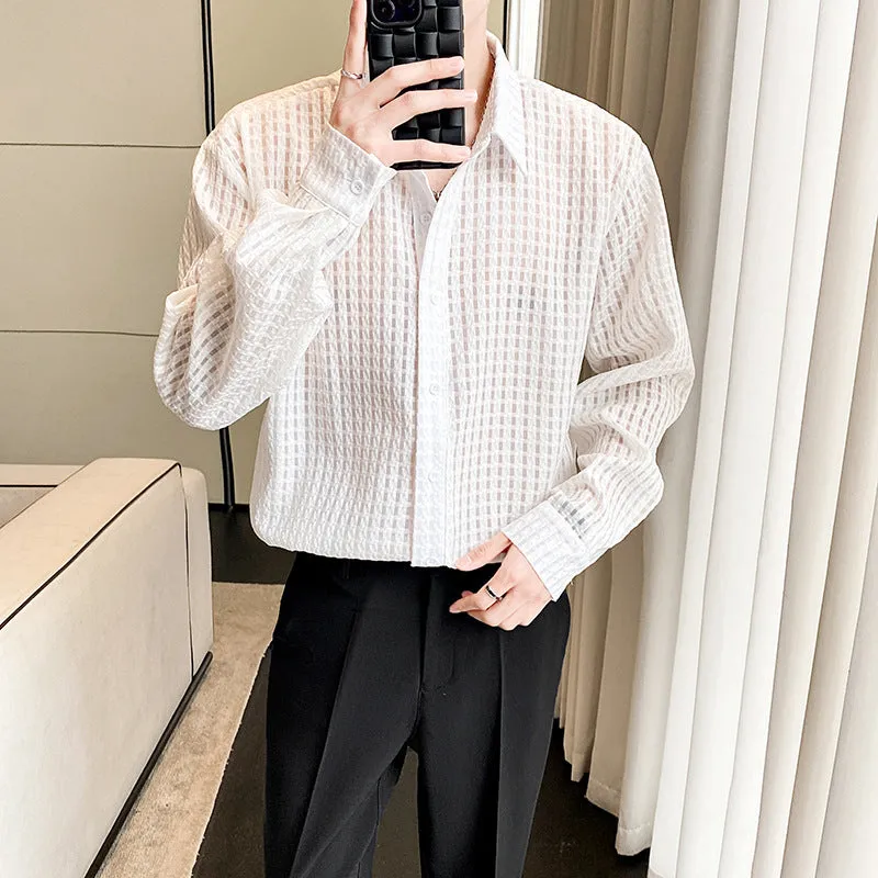 Loose draping inner white plaid shirt, chemical fibre blend, cardigan style, for teenagers