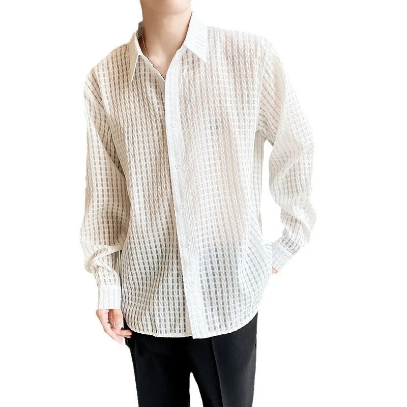 Loose draping inner white plaid shirt, chemical fibre blend, cardigan style, for teenagers