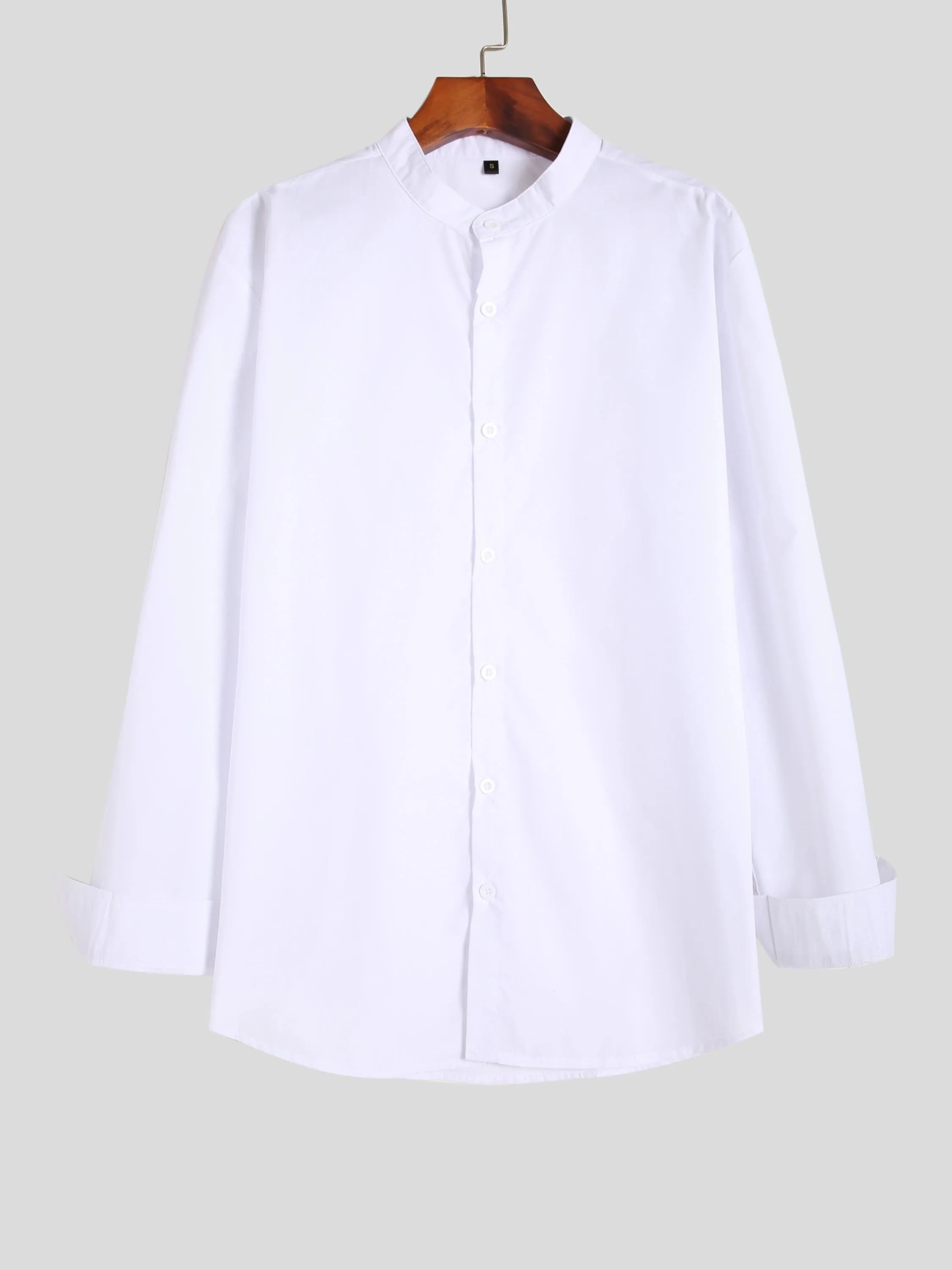 Stand-up collar white shirt for teenage men, long sleeves, slim fit, white colour