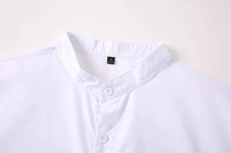 Stand-up collar white shirt for teenage men, long sleeves, slim fit, white colour