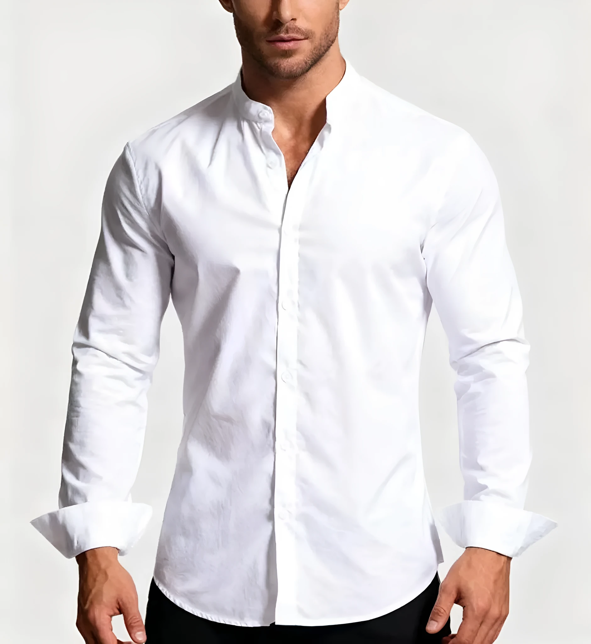 Stand-up collar white shirt for teenage men, long sleeves, slim fit, white colour