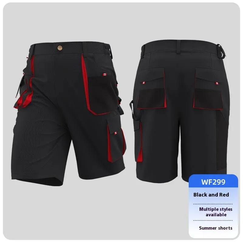 Men's summer casual work shorts in black and red, polyester, moisture wicking, quick dry, sizes S to 3XL