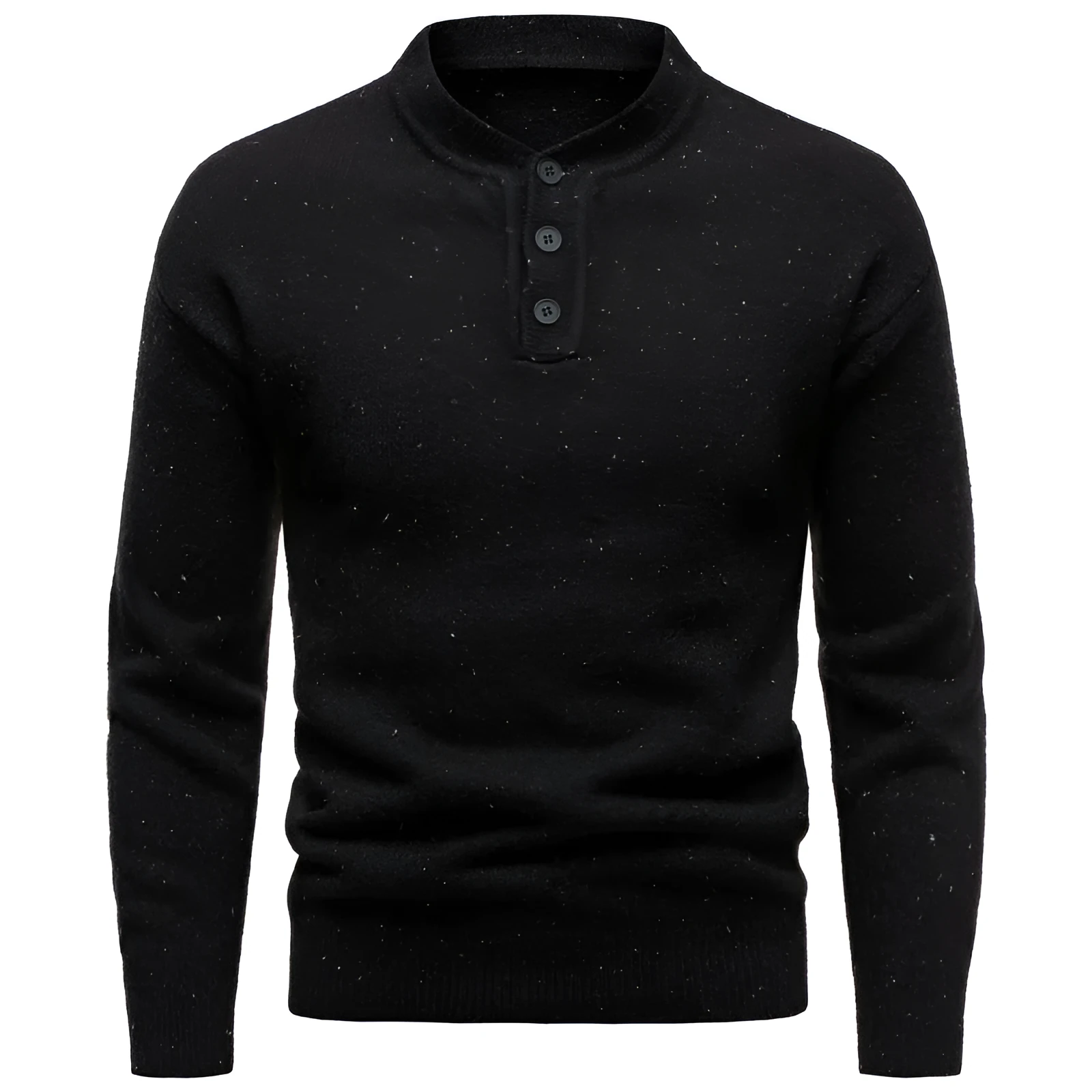 Men's Henry stand collar snowflake dot pattern sweater in black with batwing sleeves and ribbed hem