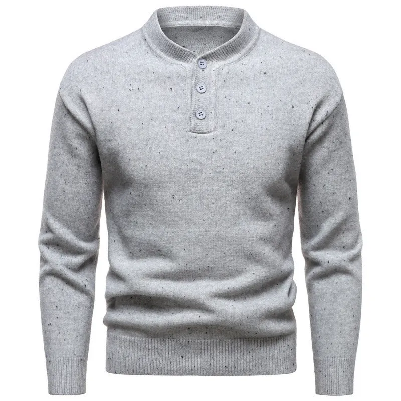 Men's Henry stand collar snowflake dot pattern sweater in black with batwing sleeves and ribbed hem
