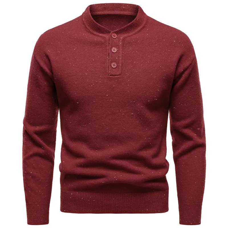 Men's Henry stand collar snowflake dot pattern sweater in black with batwing sleeves and ribbed hem