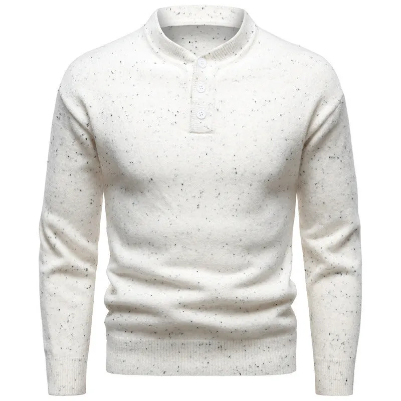 Men's Henry stand collar snowflake dot pattern sweater in black with batwing sleeves and ribbed hem