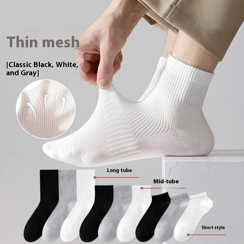 Men's thin mesh breathable white cotton socks with antibacterial middle calf length one size