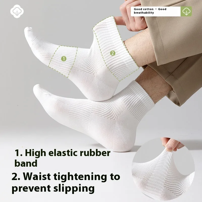 Men's thin mesh breathable white cotton socks with antibacterial middle calf length one size