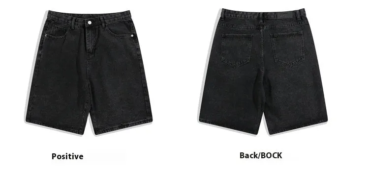Men's straight-leg denim shorts in light blue on a mid waist, featuring a five-point cut and zip fly.