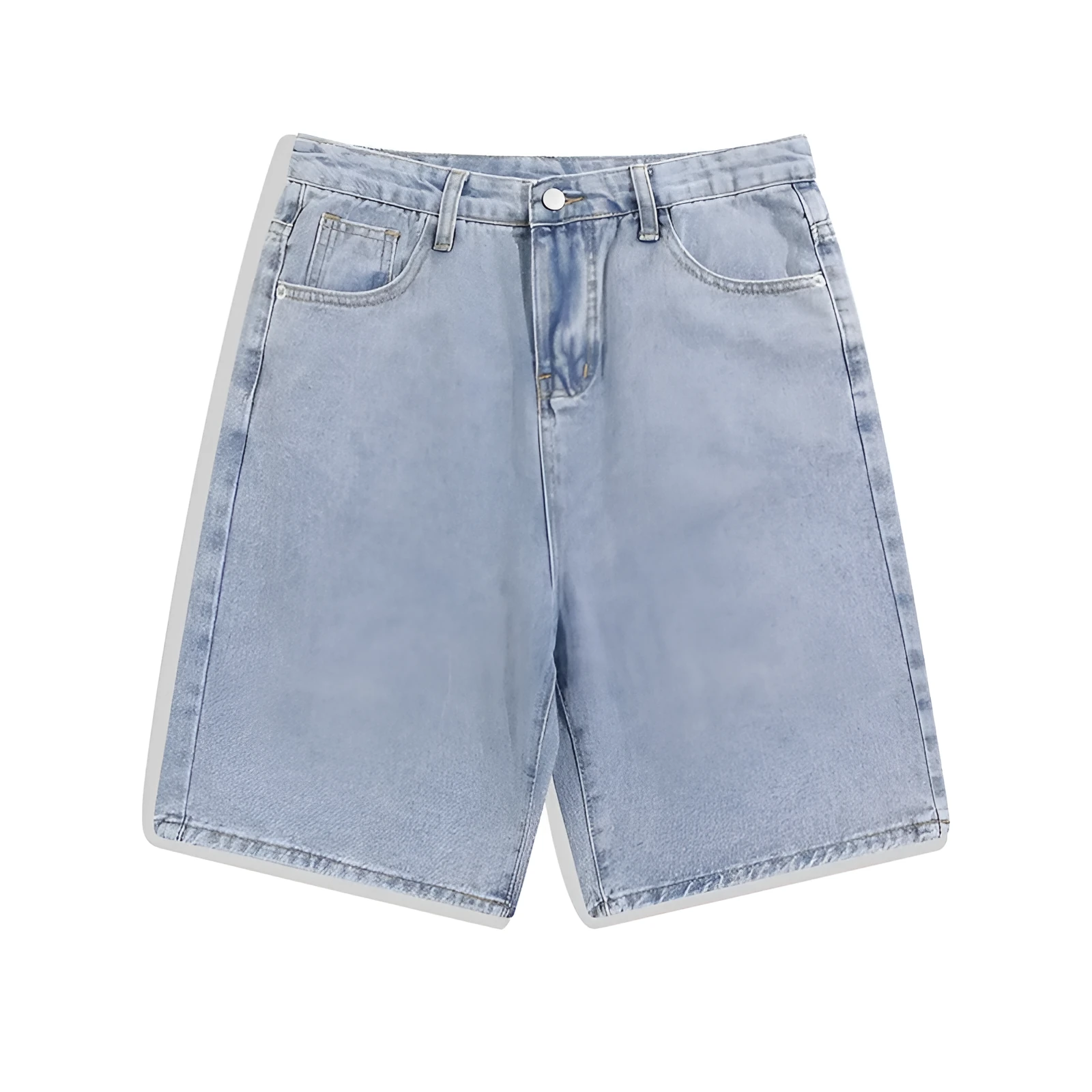 Men's straight-leg denim shorts in light blue on a mid waist, featuring a five-point cut and zip fly.