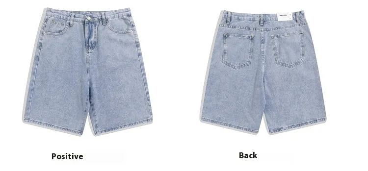 Men's straight-leg denim shorts in light blue on a mid waist, featuring a five-point cut and zip fly.