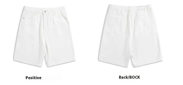 Men's straight-leg denim shorts in light blue on a mid waist, featuring a five-point cut and zip fly.