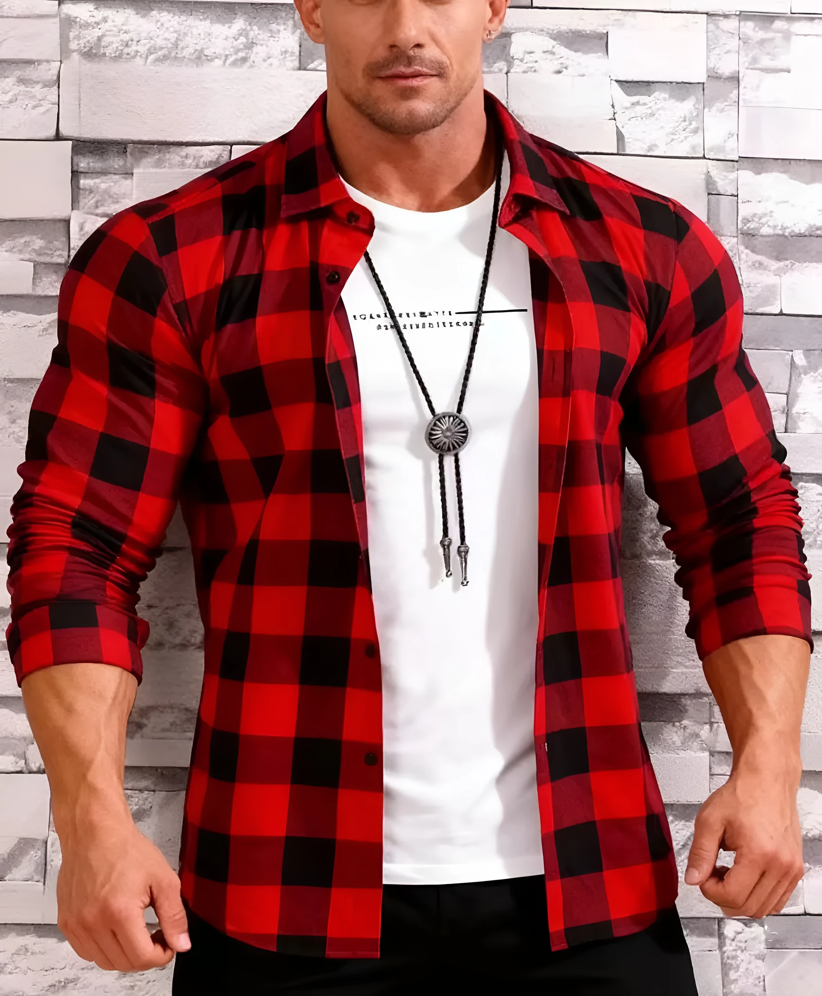 Teenage men's red and black checked long-sleeved casual shirt with button-front closure