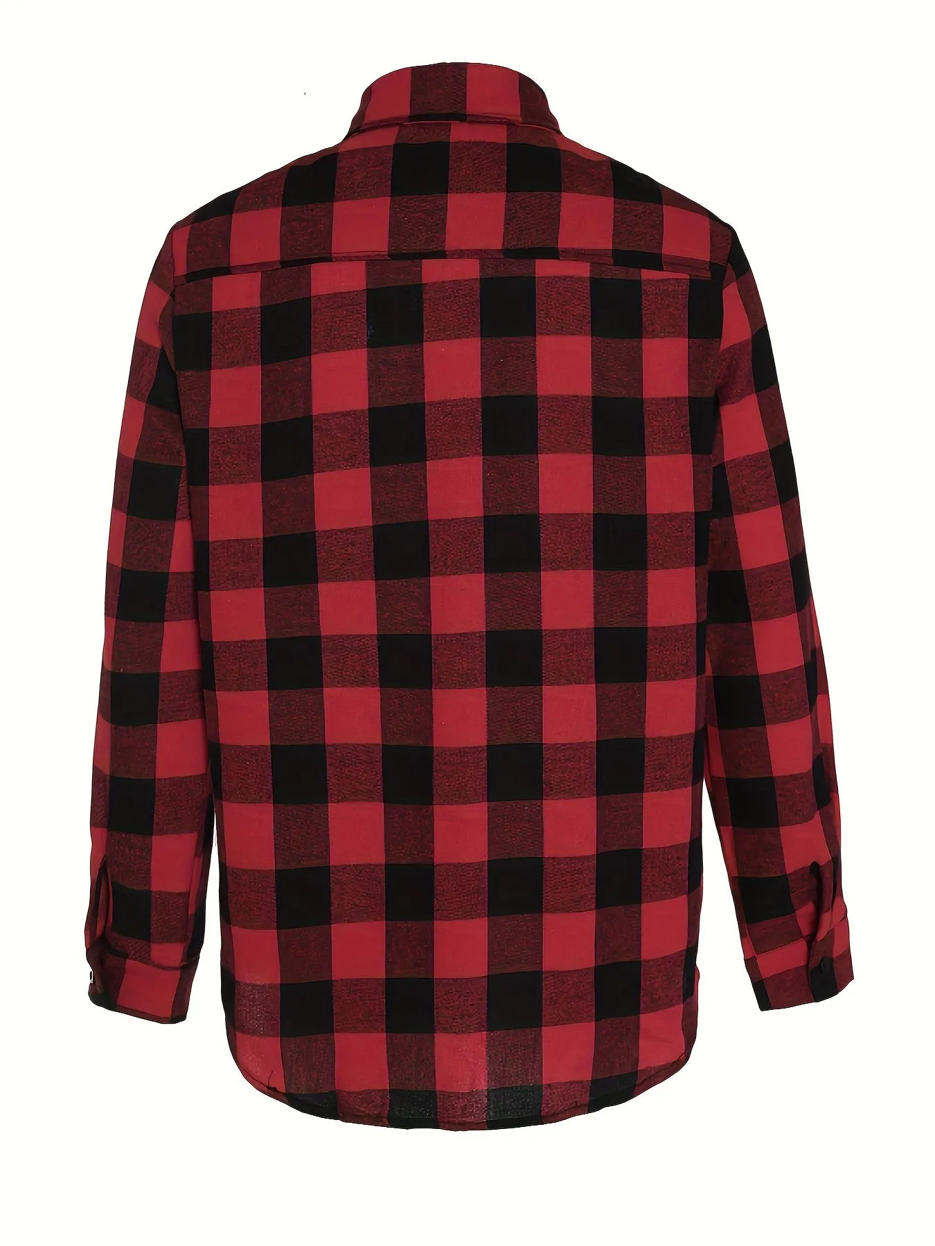 Teenage men's red and black checked long-sleeved casual shirt with button-front closure