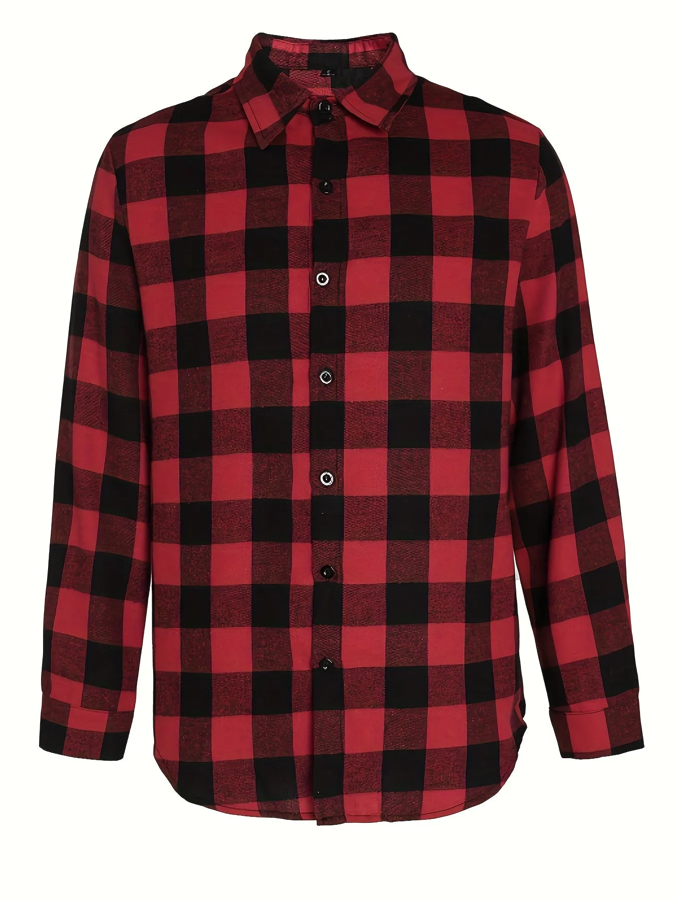 Teenage men's red and black checked long-sleeved casual shirt with button-front closure